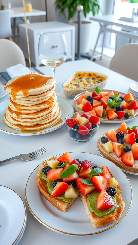 A brunch spread with pancakes, quiche, fruit salad, and avocado toast on a stylish table.